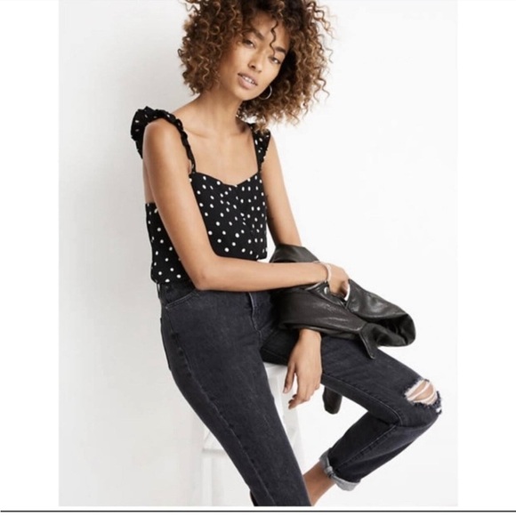 Madewell Blouse Womens size 10 Black Polka Dots Button Front Ruffle Straps - Picture 2 of 7
